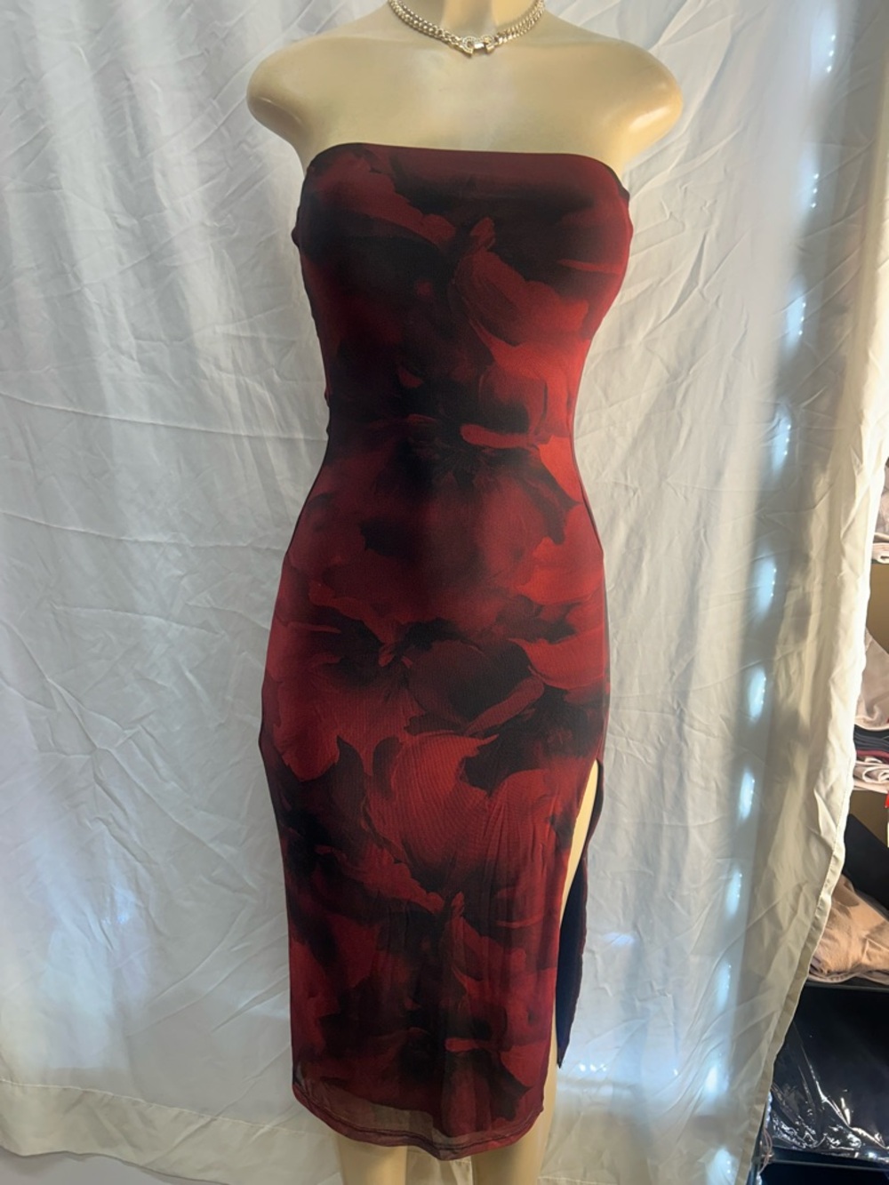 Strapless Red Floral Bodycon Midi Dress